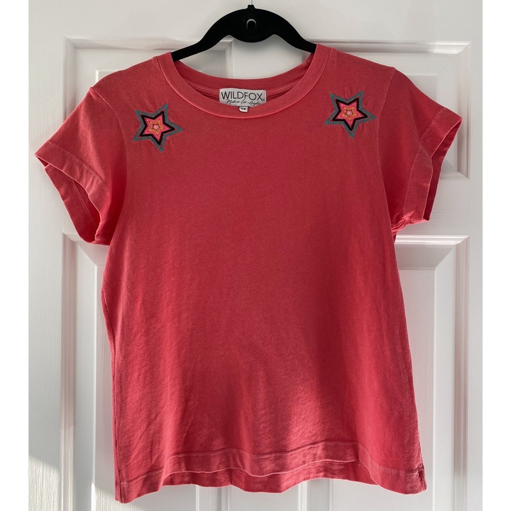 Wildfox Starbright Coral Red Embroidered Tee Size XS